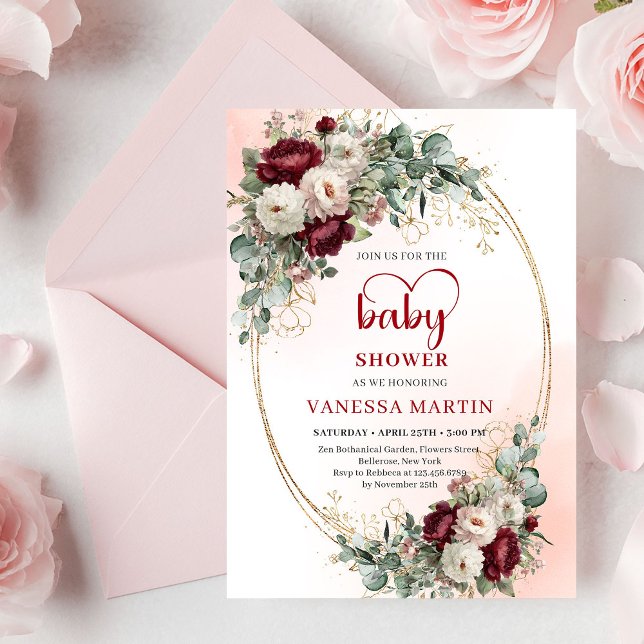 Convite Classic Burgundy Flowers Gold Baby Shower Invite (Classic Burgundy Flowers Gold Baby Shower Invitation

)