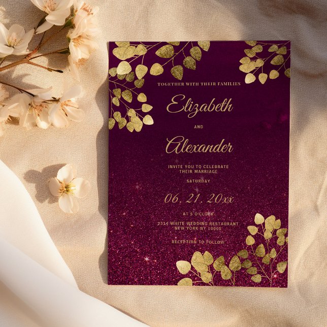 Convite Classic burgundy glitter gold eucalyptus Wedding (Classic burgundy glitter gold eucalyptus Wedding)