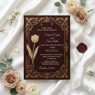 Convite Classic Burgundy Ivory Gold Baroque Tulips Wedding