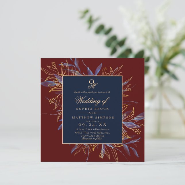 Convite Classic Burgundy Navy Blue Floral Wedding (Em pé/Frente)