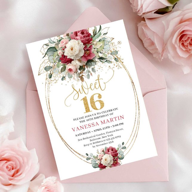 Convite Classic Burgundy Red Floral Sweet Sixteen Invites (Classic Burgundy Red Floral Sweet Sixteen Invitation)
