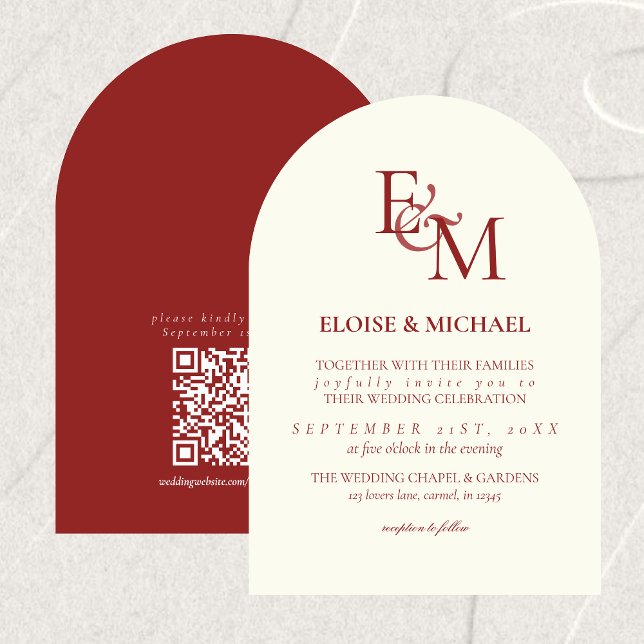 Convite Classic Burgundy Red Monogram Minimalist Wedding (Classic Burgundy Red Monogram Minimalist Wedding Invitation)