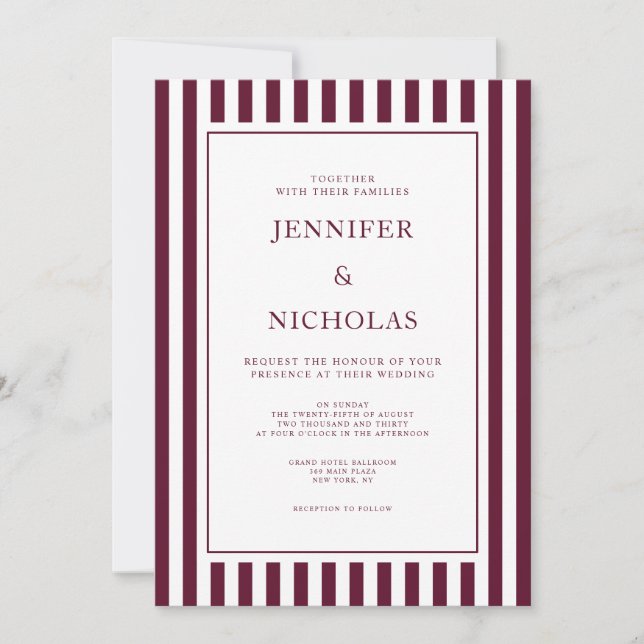 Convite Classic Burgundy Stripes Wedding (Frente)