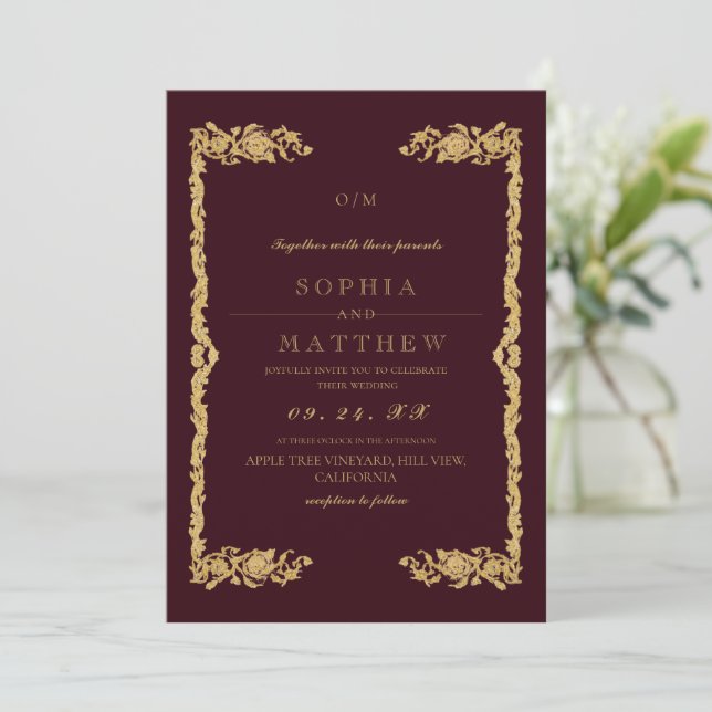 Convite Classic Burgundy Wedding Photo Invitation (Em pé/Frente)