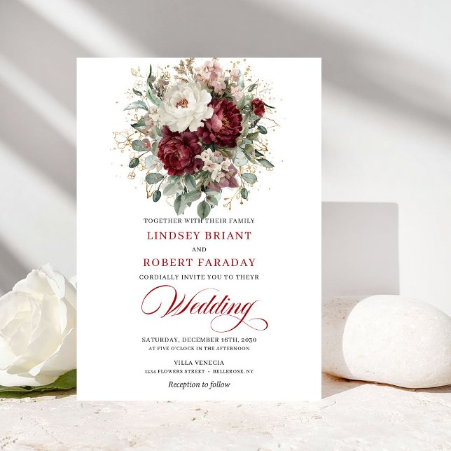 Convite Classic Burgundy White Botanical Wedding Invite (Classic Burgundy White Botanical Wedding Invite)