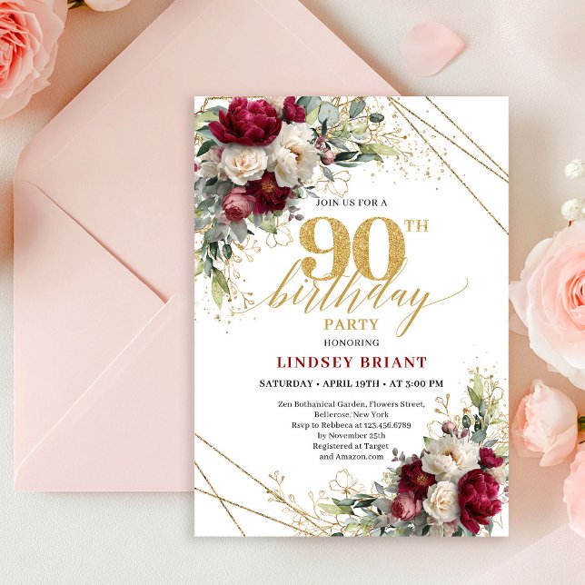 Convite Classic Burgundy White Roses 90th Birthday Invite (Classic Burgundy White Roses 90th Birthday Invite)