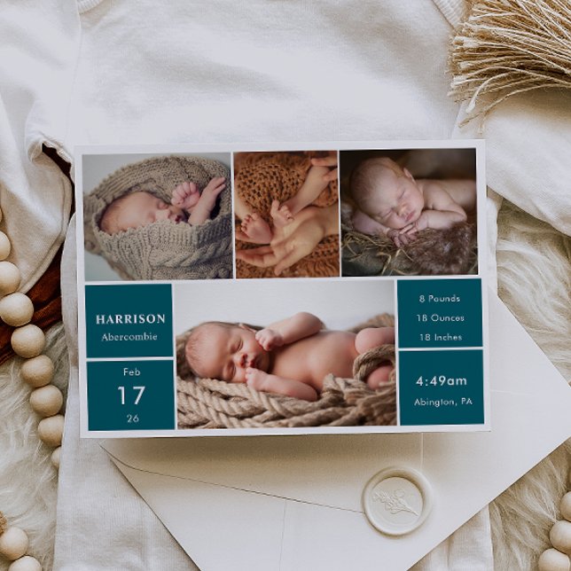 Convite Classic Chic Baby Photo Collage Announcement Card (Criador carregado)