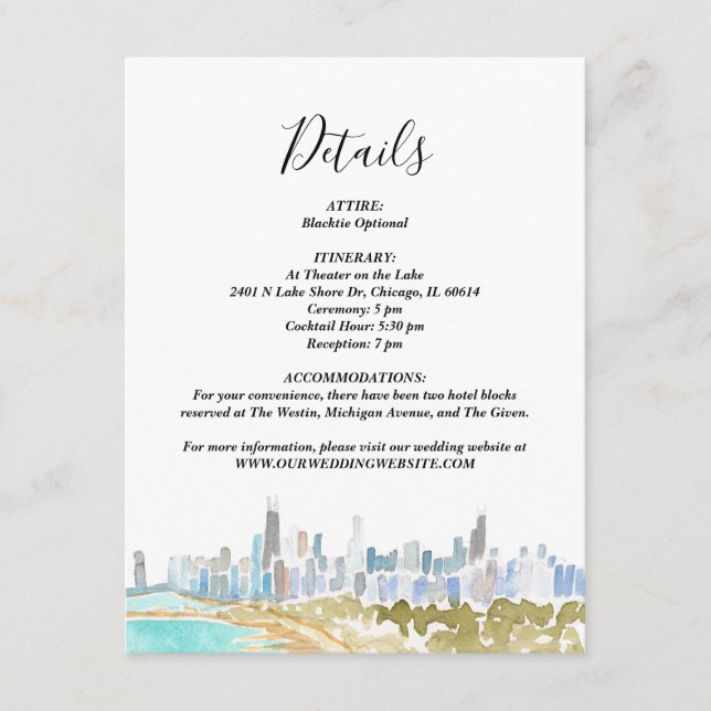 Convite Classic Chicago Skyline Watercolor Details Card (Frente)