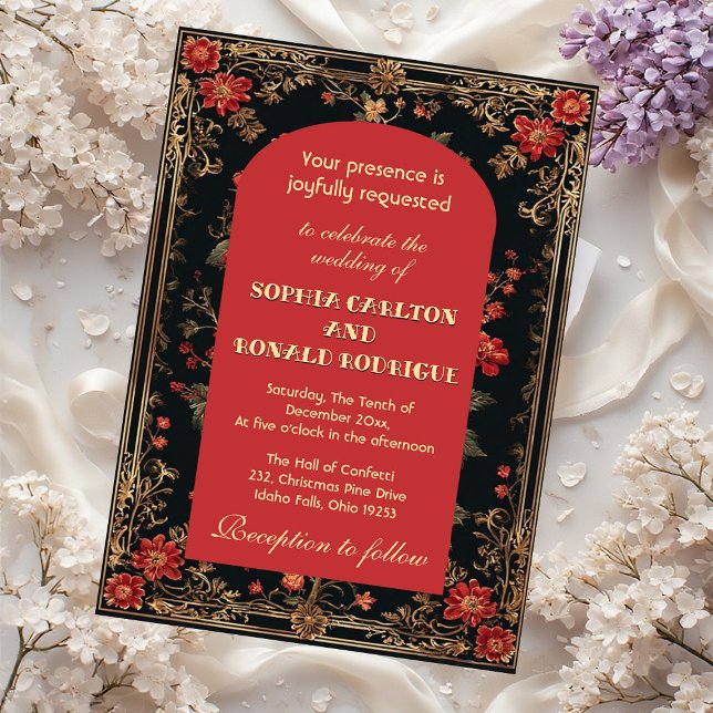 Convite Classic Christmas Red Chinoiserie Floral Wedding  (Classic Christmas Red Chinoiserie Floral Wedding Invitation)
