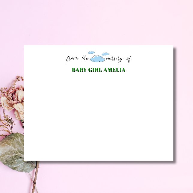 Convite Classic Clouds Forest Green Name Nursery Note Card (Criador carregado)