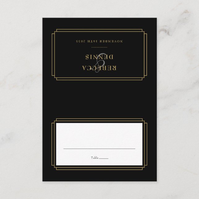 Convite Classic Deco Black and Gold Wedding Place Card (Frente)