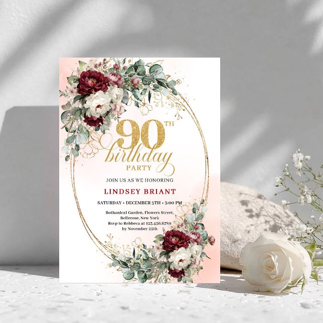 Convite Classic Deep Red Peonies Gold 90th Birthday Invite (Classic Deep Red Peonies Gold 90th Birthday Invitation)