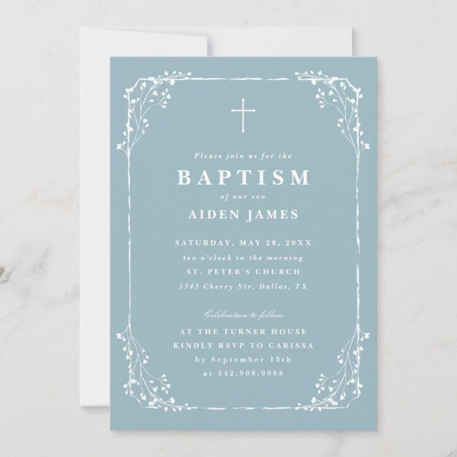 Convite Classic Dusty Blue Dainty Floral Frame Baptism (Frente)