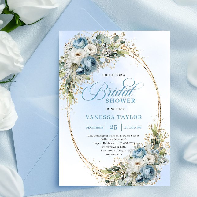 Convite Classic Dusty Blue Floral Eucalyptus Bridal Shower (Classic Dusty Blue Floral Eucalyptus Bridal Shower Invite)