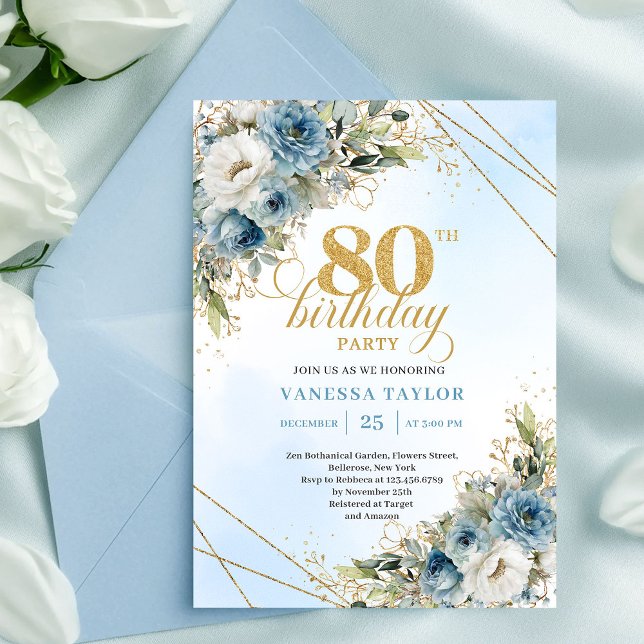 Convite Classic Dusty Blue Floral Gold 80th Birthday Invit (Classic Dusty Blue Floral Gold 80th Birthday Invite Set

)