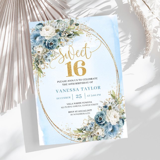 Convite Classic Dusty Blue Floral Sweet 16th Birthday  (Classic Dusty Blue Floral Sweet 16th Birthday Invite)
