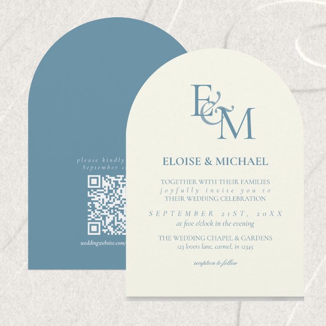 Convite Classic Dusty Blue Monogram Minimalist Wedding (Classic Dusty Blue Monogram Minimalist Wedding Invitation)