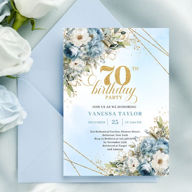 Convite Classic dusty blue watercolor florals 70 birthday (Classic dusty blue watercolor florals 70th birthday

)