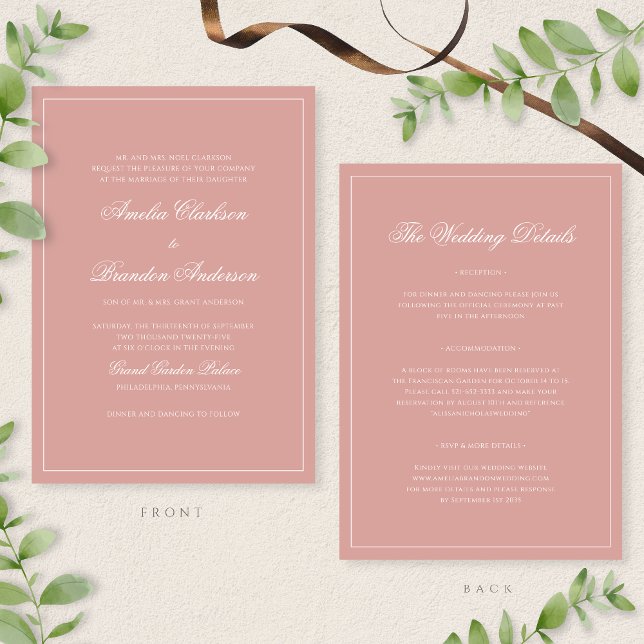 Convite Classic Dusty Rose Border Script Wedding Details & (Criador carregado)