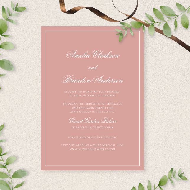Convite Classic Dusty Rose & White Border Script Wedding (Criador carregado)