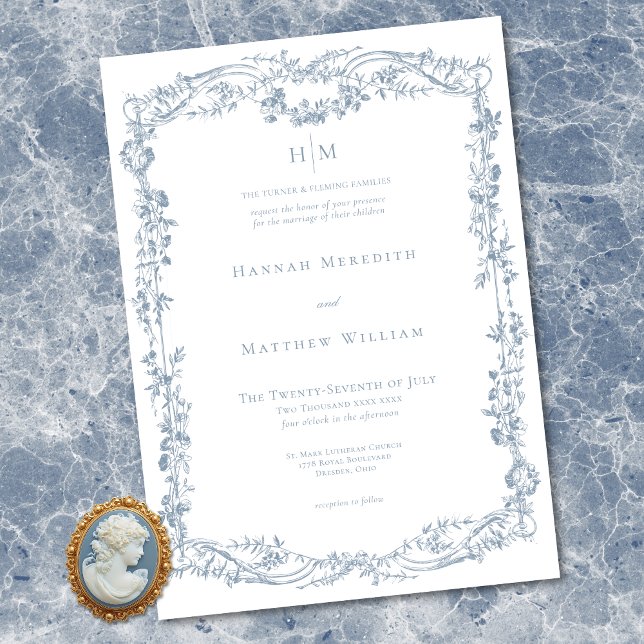 Convite Classic Elegant Blue Delicate Floral Frame Wedding (Classic Elegant Blue Delicate Floral Frame Wedding Invitation)