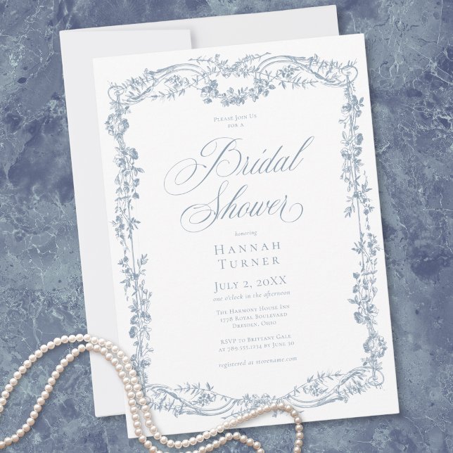 Convite Classic Elegant Blue Floral Frame Bridal Shower (Classic Elegant Blue Floral Frame Bridal Shower Invitation)