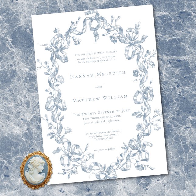 Convite Classic Elegant Blue Oval Ribbon Frame Wedding (Classic Elegant Blue Oval Ribbon Frame Wedding Invitation)