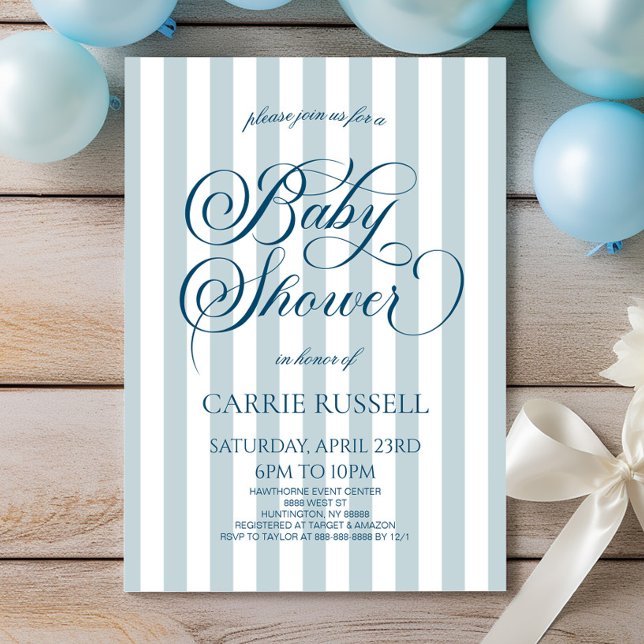 Convite Classic Elegant Blue Stripes Boy Baby Shower (Criador carregado)