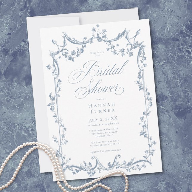 Convite Classic Elegant Dusty Blue Delicate Floral Shower (Classic Elegant Dusty Blue Delicate Floral Shower Invitation)