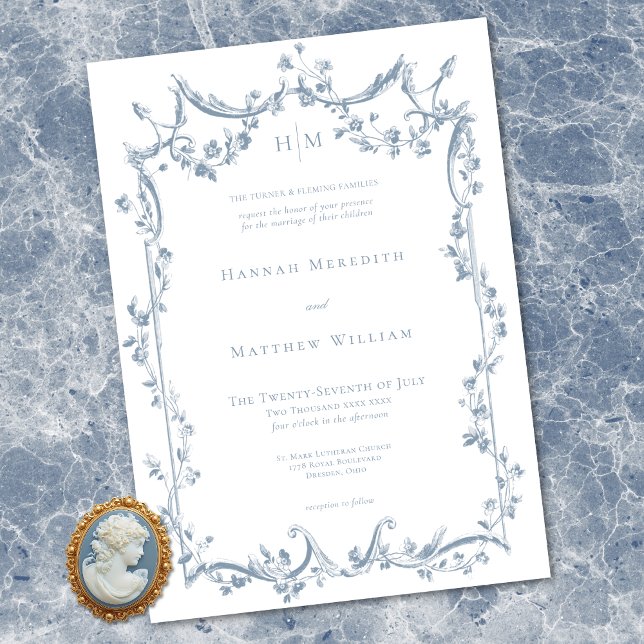 Convite Classic Elegant Dusty Blue Delicate Floral Wedding (Classic Elegant Dusty Blue Delicate Floral Wedding Invitation)