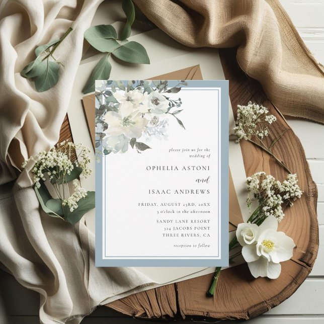 Convite Classic Elegant Dusty Blue Ivory Floral Wedding (Criador carregado)