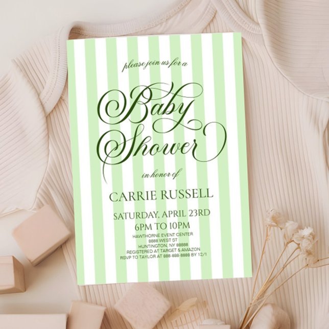 Convite Classic Elegant Green Stripes Baby Shower (Criador carregado)