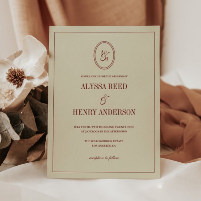 Convite Classic Elegant Ivory & Wine Red Monogram Wedding (Criador carregado)