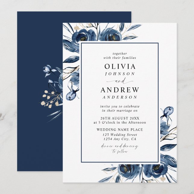 Convite Classic Elegant Navy Blue Watercolor Wedding (Frente/Verso)