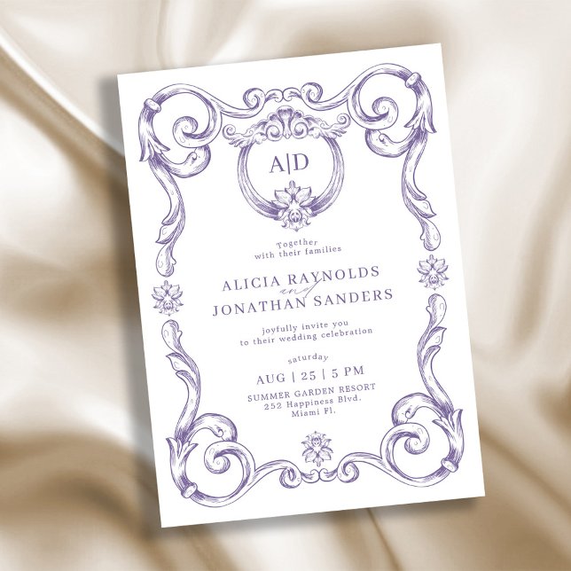 Convite Classic elegant rococo lavender monogram wedding (Criador carregado)