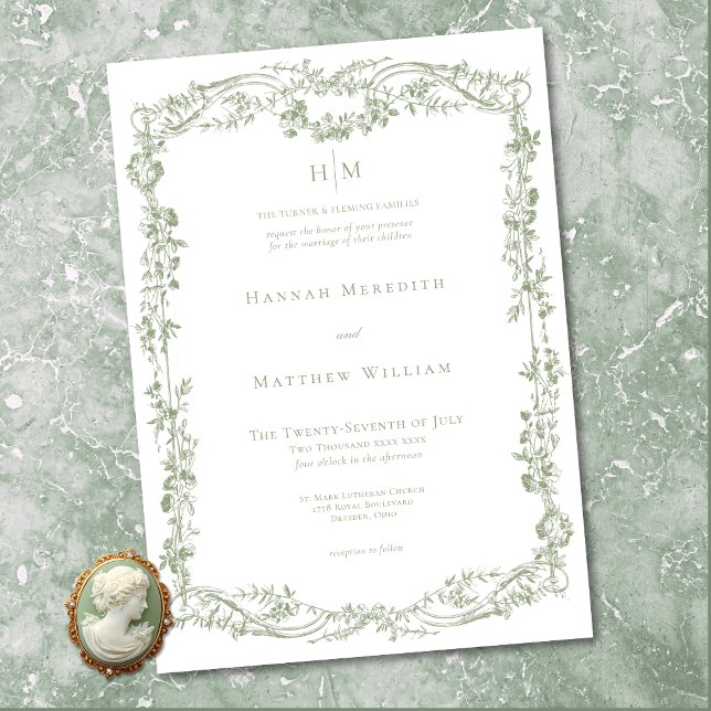 Convite Classic Elegant Sage Delicate Floral Frame Wedding (Classic Elegant Sage Delicate Floral Frame Wedding Invitation)