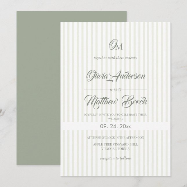 Convite Classic Elegant⎮Sage Green Stripe Wedding (Frente/Verso)