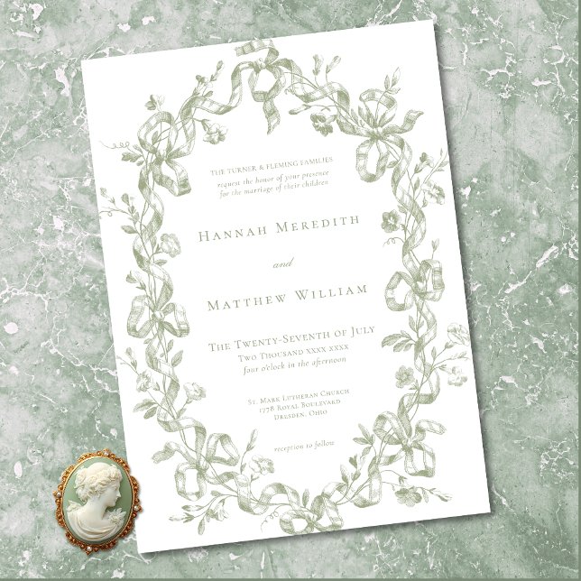Convite Classic Elegant Sage Oval Ribbon Frame Wedding (Classic Elegant Sage Oval Ribbon Frame Wedding Invitation)