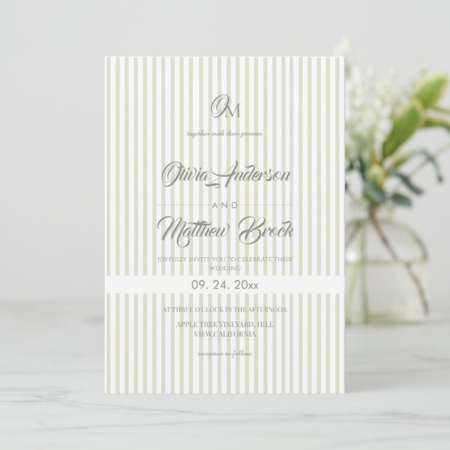 Convite Classic Elegant⎮Sage Stripe Wedding  Invitation (Em pé/Frente)