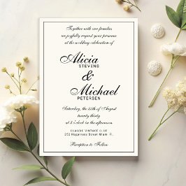 Convite Classic elegant script black and ivory wedding