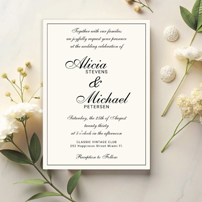 Convite Classic elegant script black and ivory wedding (Criador carregado)