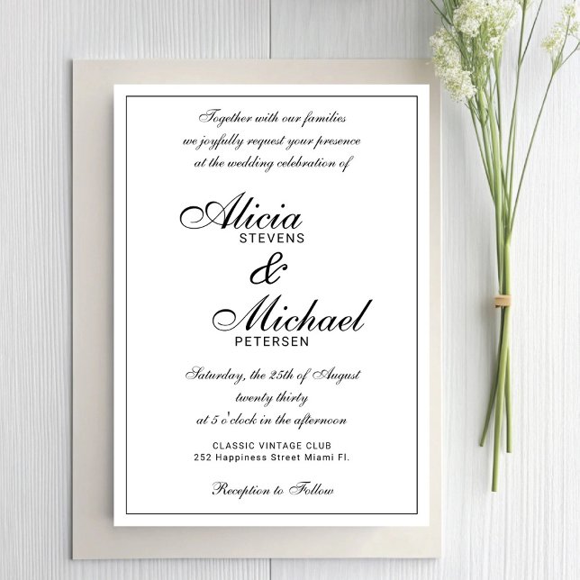 Convite Classic elegant script black and white wedding (Criador carregado)