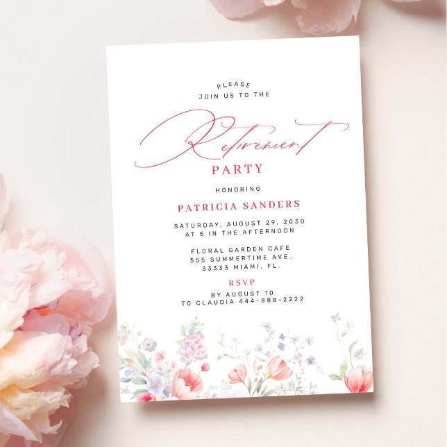 Convite Classic elegant script floral retirement party (Criador carregado)
