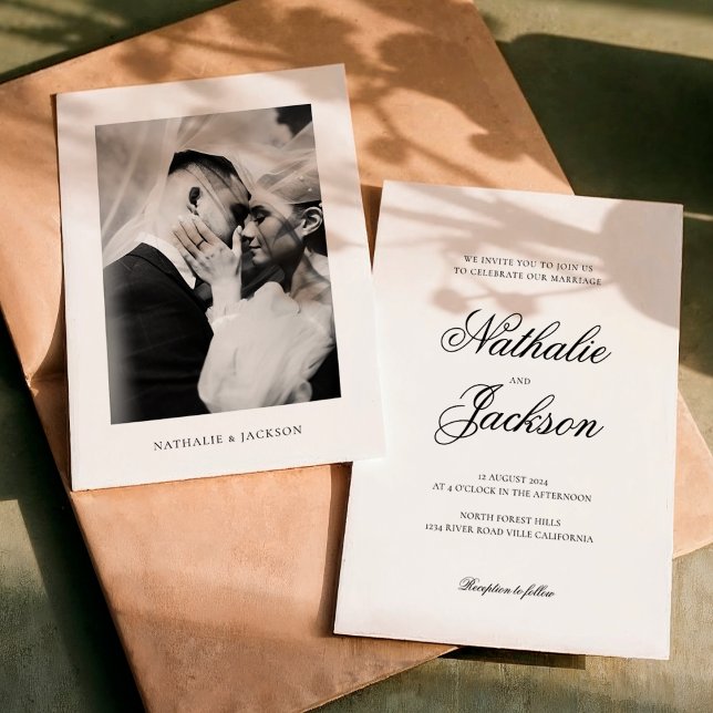Convite Classic Elegant Script Photo Wedding (Criador carregado)