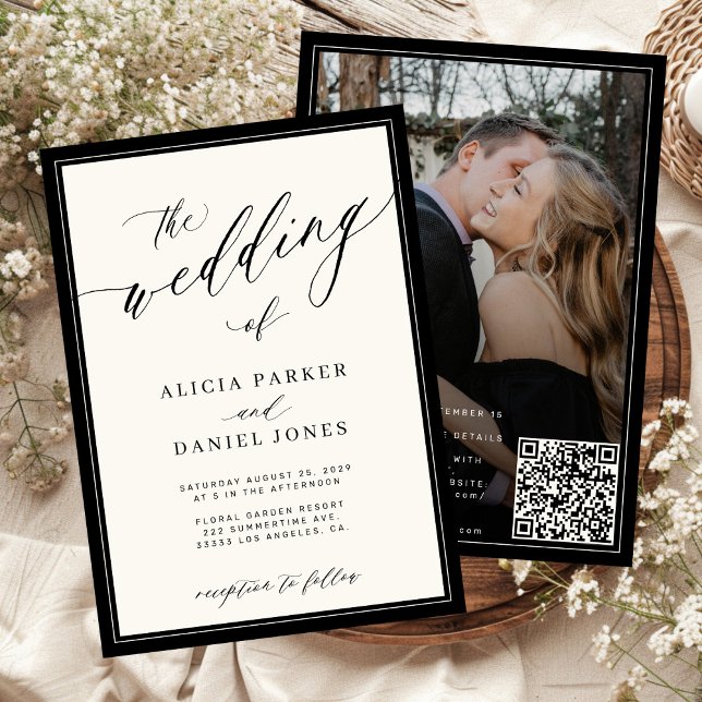 Convite Classic elegant script QR code photo wedding (Criador carregado)