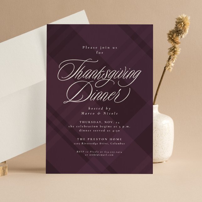 Convite Classic fall purple plaid Thanksgiving Dinner (Criador carregado)