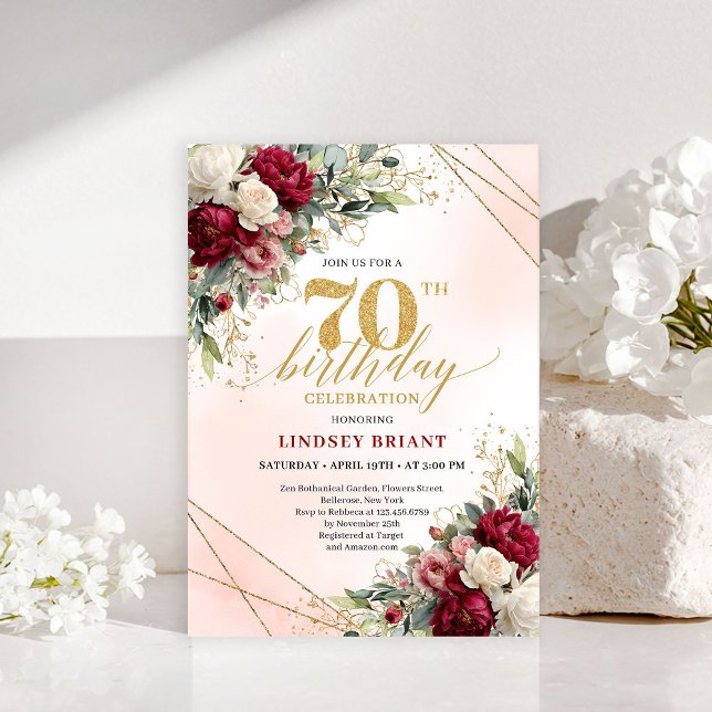 Convite Classic Floral Gold 70th Birthday Party Invitation (Classic Floral Gold 70th Birthday Party Invitation)