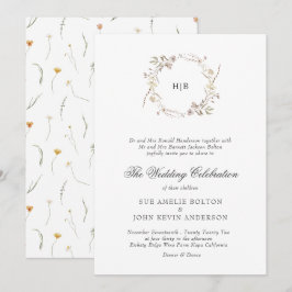 Convite Classic Floral Wreath Monogram Surname Wedding 