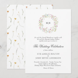 Convite Classic Floral Wreath Monogram Surname Wedding 