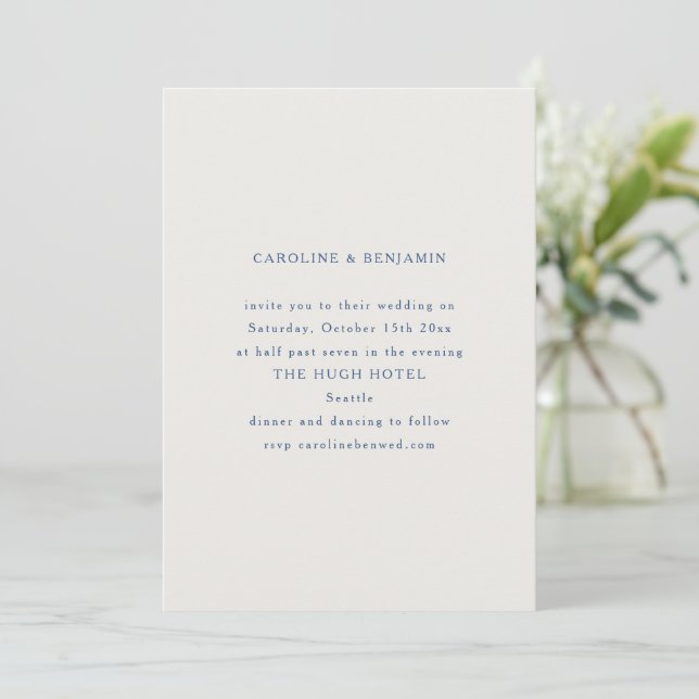 Convite Classic Formal Blue and White Minimalist Wedding (Em pé/Frente)